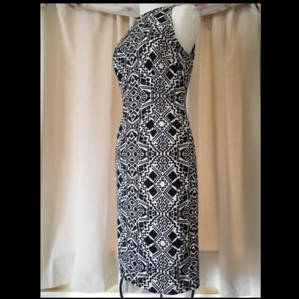 London Times Black, White Print Sheath Dress Sz 14